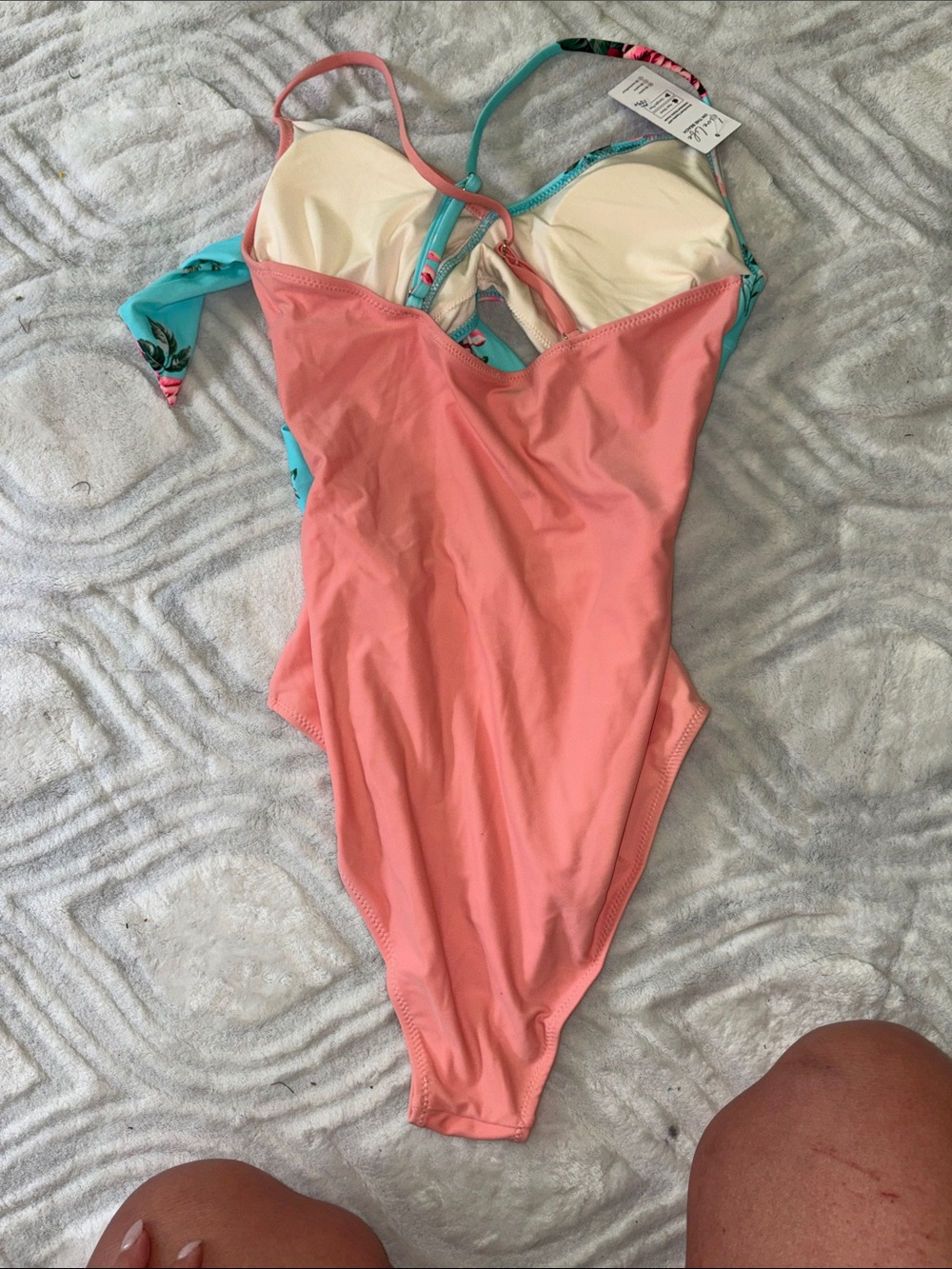 Cupshe Coral & Aqua Floral Cutout One-Piece Swimsuit - Picture 3 of 4